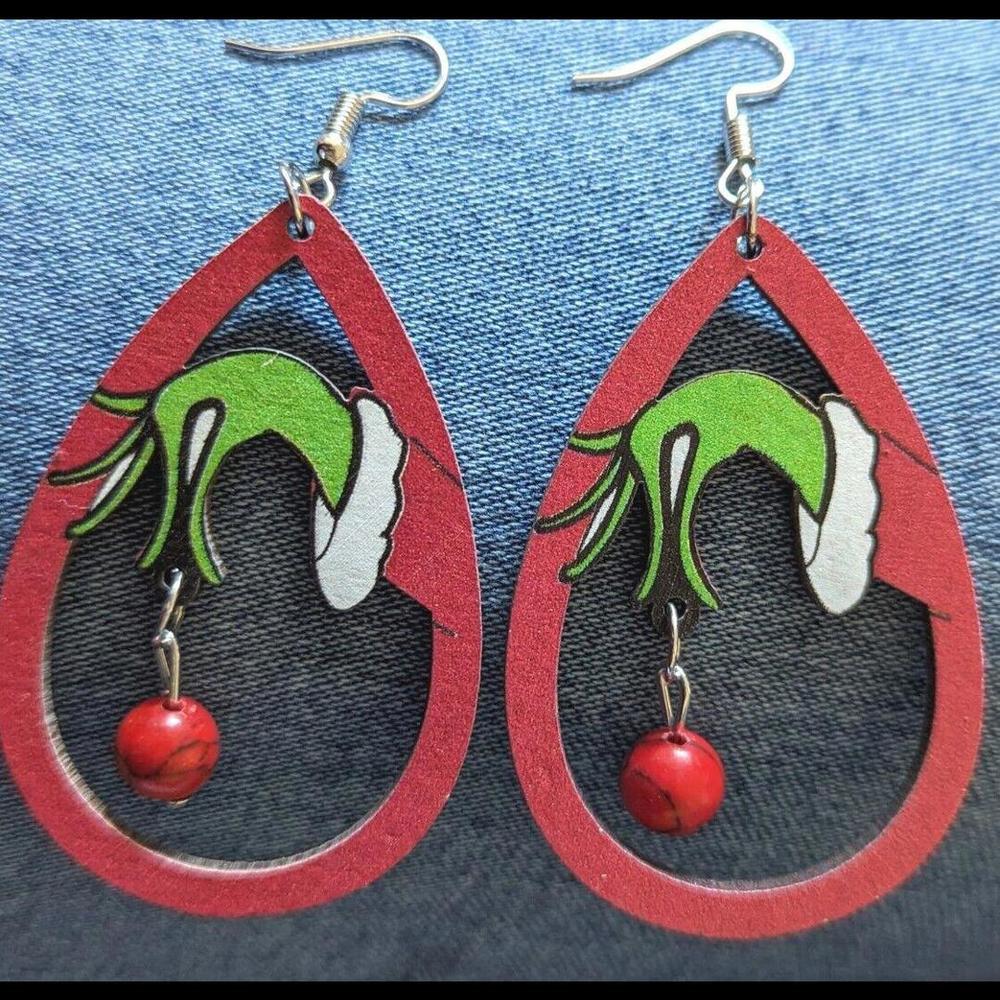 The Grinch Christmas Earrings - 2 1/2 " - Wooden